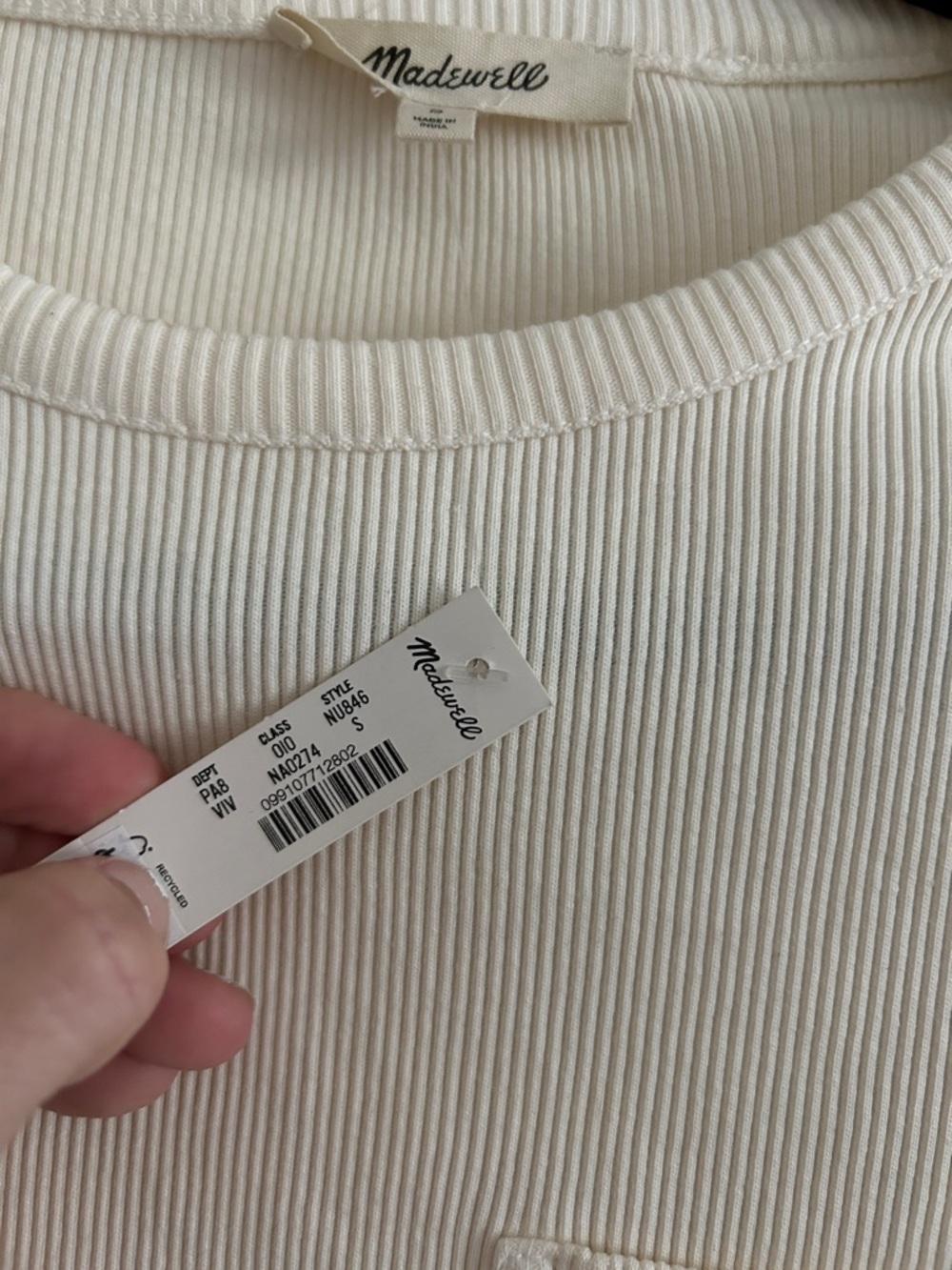 Madewell vintage Ivory Ribbed Crewneck Pocket Tee NWT Small - Picture 3 of 3